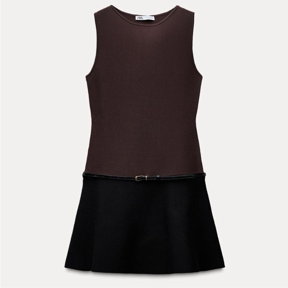 Zara Red and Black Sheath Mini Dress with Sleeveless Design and Crew Neck